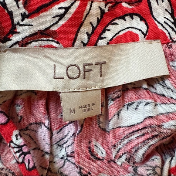 LOFT Red Floral Puff Sleeve Blouse Medium Boho Peasant Tunic Top - Picture 3 of 3